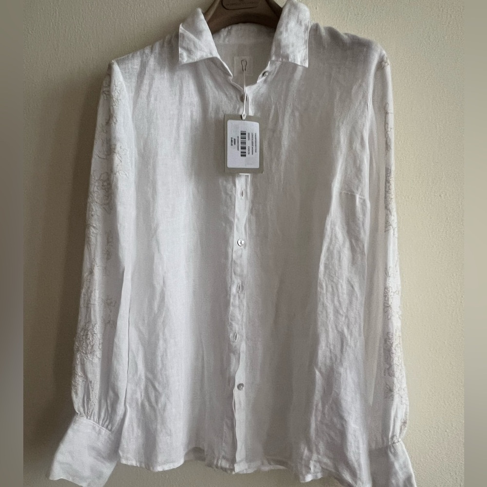 NWT $485 120% Lino Button Down Linen shirt White Size 38 gold flower s design